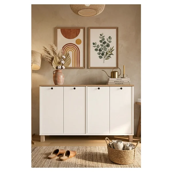 Yurudesign Nord Konsol 4 Kapaklı Ahşap Ayaklı 120cm Sepet-Beyaz ND2-SW - Görsel 7