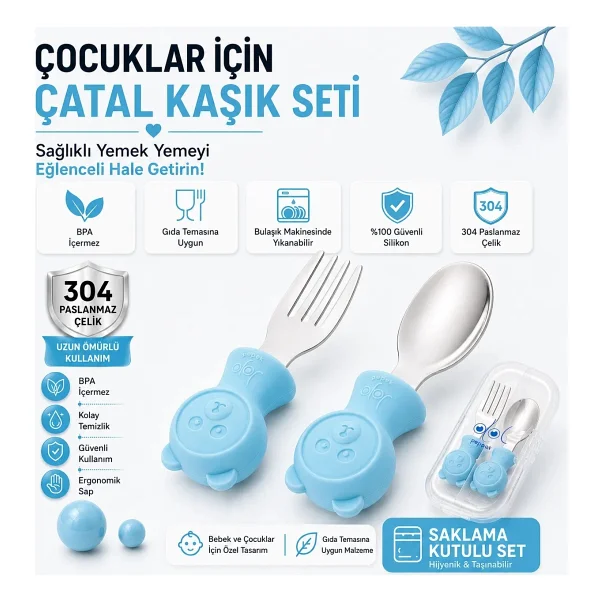 Jojobebek Ayıcık Figürlü Premium Çocuk Bpa'sız Silikon Saplı Paslanmaz Çelik Uçlu Çatal-Kaşık/saklama Kutusu 9+Ay - Mavi - Görsel 2