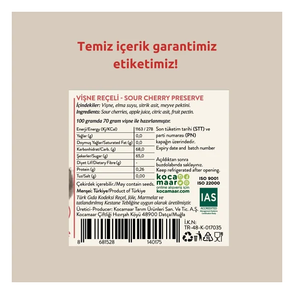 Kocamaar Çiftliği Şeker İlavesiz Vişne Reçeli 265 gr - Görsel 5