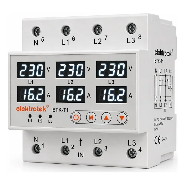 Elektrotek ETK-T1 Trifaze 3 Faz Gerilim Voltaj Akım Koruma Rölesi 63A Ayarlanabilir CE 5 Yıl Garanti - Beyaz - Görsel 6