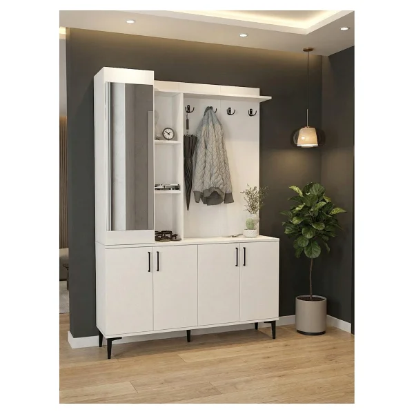 Dorpek Parion Aynalı Portmanto, Vestiyer Portmanto Ayakkabılık 135 cm Beyaz - Görsel 2