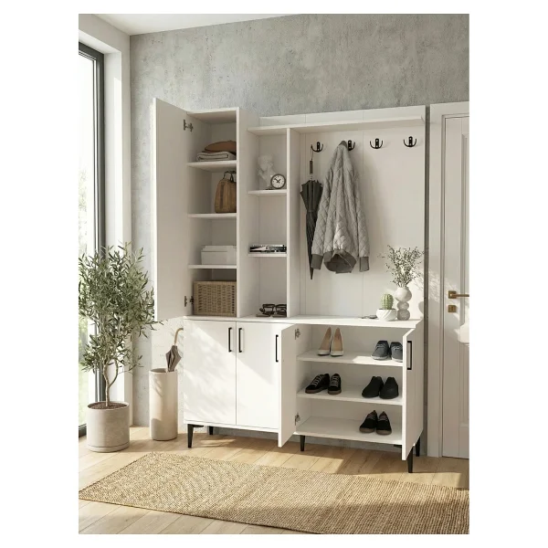 Dorpek Parion Aynalı Portmanto, Vestiyer Portmanto Ayakkabılık 135 cm Beyaz - Görsel 4