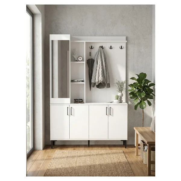 Dorpek Parion Aynalı Portmanto, Vestiyer Portmanto Ayakkabılık 135 cm Beyaz - Görsel 6