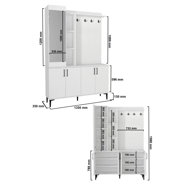 Dorpek Parion Aynalı Portmanto, Vestiyer Portmanto Ayakkabılık 135 cm Beyaz - Görsel 8
