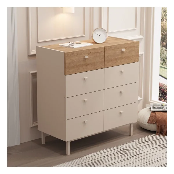Robin Home Robinhome Rhode Geniş Şifonyer 8 Çekmeceli Ahşap Ayaklı Kumsal-Sepet - Bej - Görsel 3