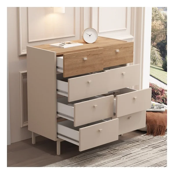 Robin Home Robinhome Rhode Geniş Şifonyer 8 Çekmeceli Ahşap Ayaklı Kumsal-Sepet - Bej - Görsel 4