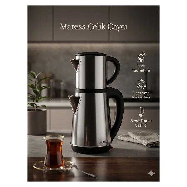 Maress Paslanmaz Çelik Çaycı %100 çelik 1800W - Parlak Çelik - Görsel 2