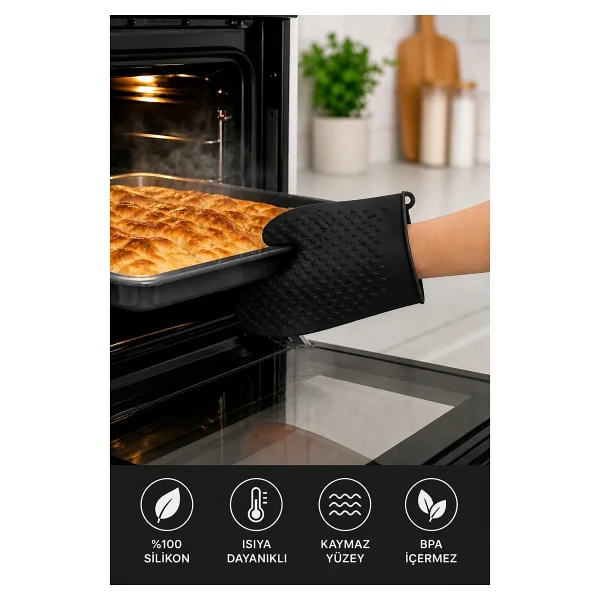 Evolis Kitchen 1 Adet Silikon Isıya Dayanıklı Yanmaz Yapışmaz Fırın Eldiveni Siyah - Görsel 2