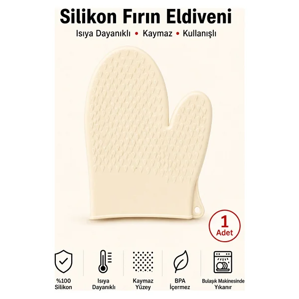 Evolis Kitchen 1 Adet Silikon Isıya Dayanıklı Yanmaz Yapışma Yapmaz Fırın Eldiveni Krem - Görsel 4