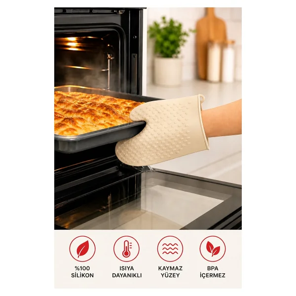 Evolis Kitchen 1 Adet Silikon Isıya Dayanıklı Yanmaz Yapışma Yapmaz Fırın Eldiveni Krem - Görsel 2