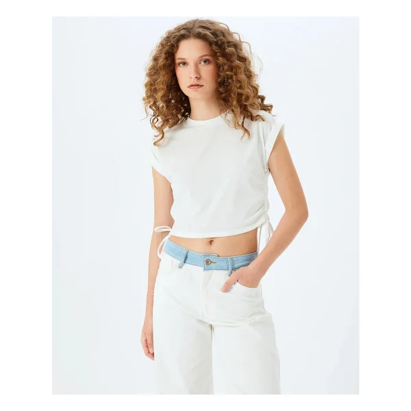 Koton Kolsuz Bisiklet Yaka Büzgülü Crop Atlet - Ekru - XS - Görsel 3