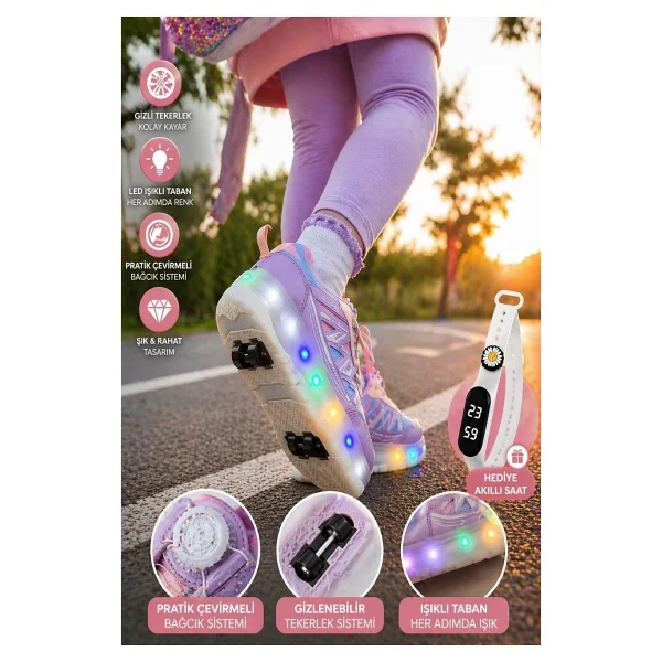 Muggo Skate Çocuk Işıklı Patenli Tekerlekli Sneaker Spor Ayakkabı - Siyah - 35 - Görsel 5