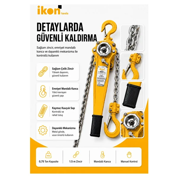 Ikon Tools 0.75 Ton 1.5 M Hubzug Zincirli Çektirme Manuel Kaldırma Caraskal Mandallı Kanca - Görsel 2