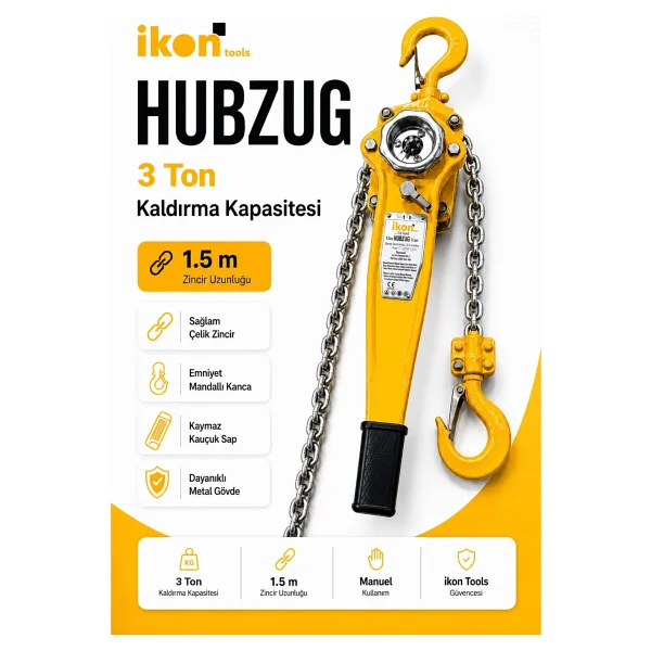Ikon Tools 3 Ton 1.5 M Hubzug Zincirli Çektirme Manuel Kaldırma Caraskal Mandallı Kanca - Görsel 5