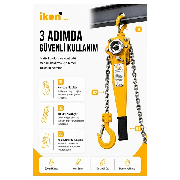 Ikon Tools 3 Ton 1.5 M Hubzug Zincirli Çektirme Manuel Kaldırma Caraskal Mandallı Kanca - Görsel 4