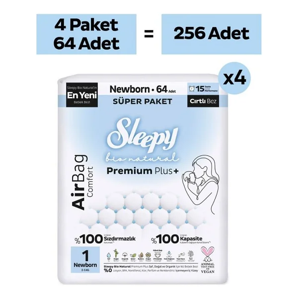 Sleepy Bio Natural Premium Plus Airbag Comfort 1 Numara Newborn 64'lü 4 Adet Bebek Bezi - Görsel 2
