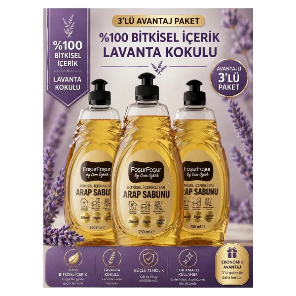 Foşur Foşur By Cem Özkök Lavanta Kokulu Bitkisel Sıvı Arap Sabunu 750 ml 3 Adet Doğal Temizlik ve Ferahlık - Sarı - Görsel 5