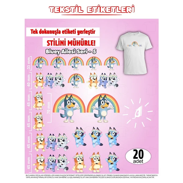 Agg Reklam Ütü ile Yapışan Kıyafet Etiketi Bluey Serisi -5 20LI Set - Karışık Renkler - Görsel 5