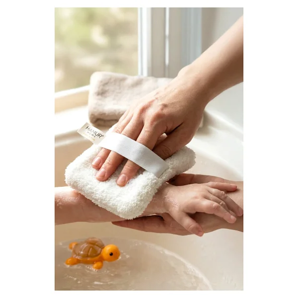 Hamur Bebek Bakım Banyo Lifi Süngeri 10X12 cm Lastikli Ultra Yumuşak Sabun Hazneli Bebek Kesesi - Beyaz - Görsel 8