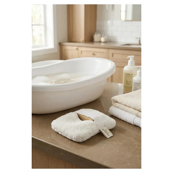 Hamur Bebek Bakım Banyo Lifi Süngeri 10X12 cm Lastikli Ultra Yumuşak Sabun Hazneli Bebek Kesesi - Beyaz - Görsel 7