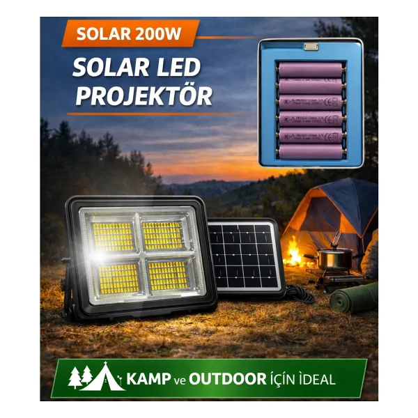 Hightek 200w Led Portatif Solar Projektör 3 Renk Işık, Çakar Ve Projektör Fonksiyonlu - Mavi - 200 W - Görsel 9