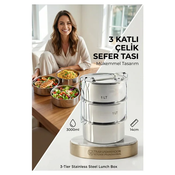 Transformacion Sefer Tası Yemek Kabı Paslanmaz Çelik 3 Katlı 14 cm 3 LİTRE 721366 - Görsel 4
