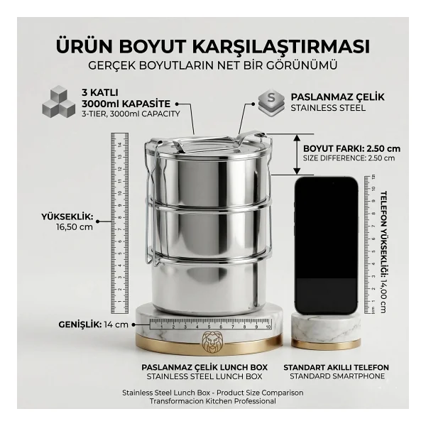 Transformacion Sefer Tası Yemek Kabı Paslanmaz Çelik 3 Katlı 14 cm 3 LİTRE 721366 - Görsel 2