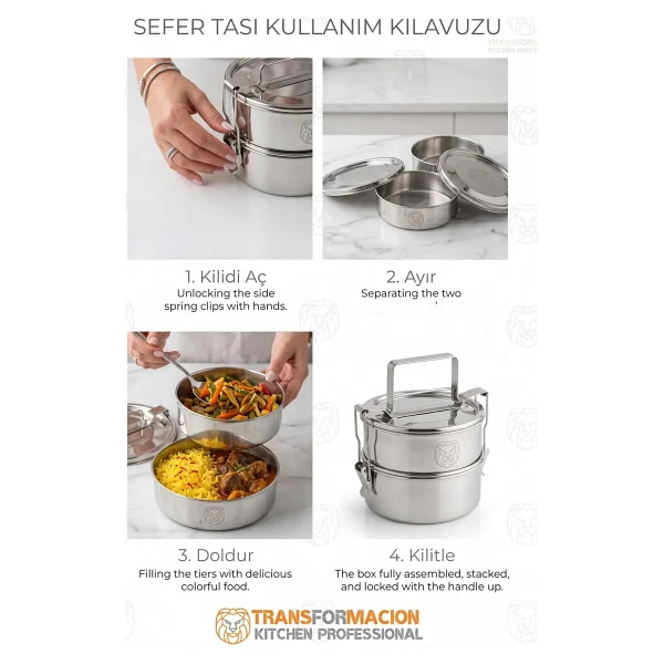 Transformacion Sefer Tası Yemek Kabı Paslanmaz Çelik 3 Katlı 14 cm 3 LİTRE 721366 - Görsel 3