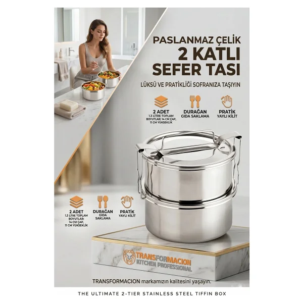 Transformacion Sefer Tası Yemek Kabı Paslanmaz Çelik 3 Katlı 14 cm 3 LİTRE 721366 - Görsel 7