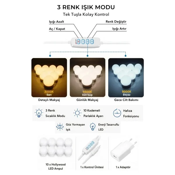 Robin Home Hollywood Makyaj Masası 4 Çekmeceli Düzenleyici Hollywood LED Işıklı Raflı Beyaz - Görsel 9