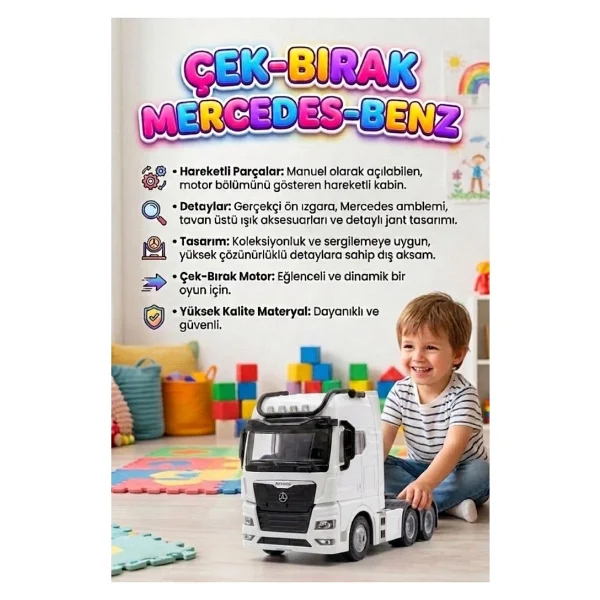 Farbu Oyuncak Mercedes Actroc Çek-Bırak Mekanizmalı Metal Gerçekçi Tasarımlı Devrilebilir Kabinli Oyuncak Tır - Beyaz - Görsel 5