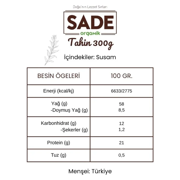 Sade Organik Tahin 300 gr - Görsel 4