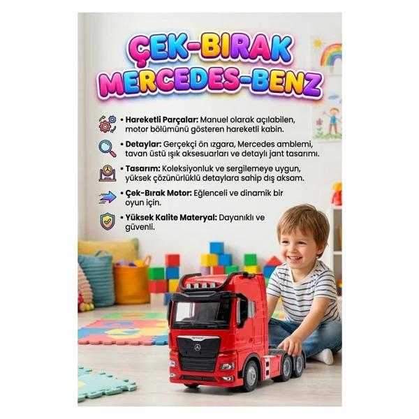 Farbu Oyuncak Mercedes Actroc Çek-Bırak Mekanizmalı Metal Gerçekçi Tasarımlı Devrilebilir Kabinli Oyuncak Tır - Beyaz - Görsel 6