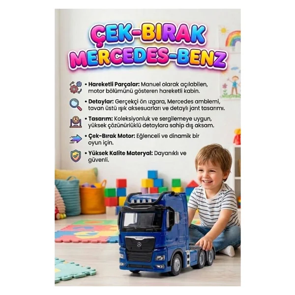 Farbu Oyuncak Mercedes Actroc Çek-Bırak Mekanizmalı Metal Gerçekçi Tasarımlı Devrilebilir Kabinli Oyuncak Tır - Beyaz - Görsel 7