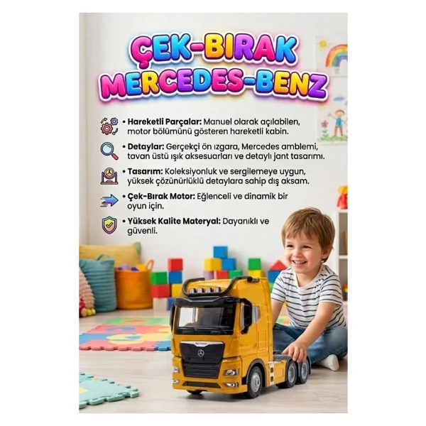 Farbu Oyuncak Mercedes Actroc Çek-Bırak Mekanizmalı Metal Gerçekçi Tasarımlı Devrilebilir Kabinli Oyuncak Tır - Beyaz - Görsel 8