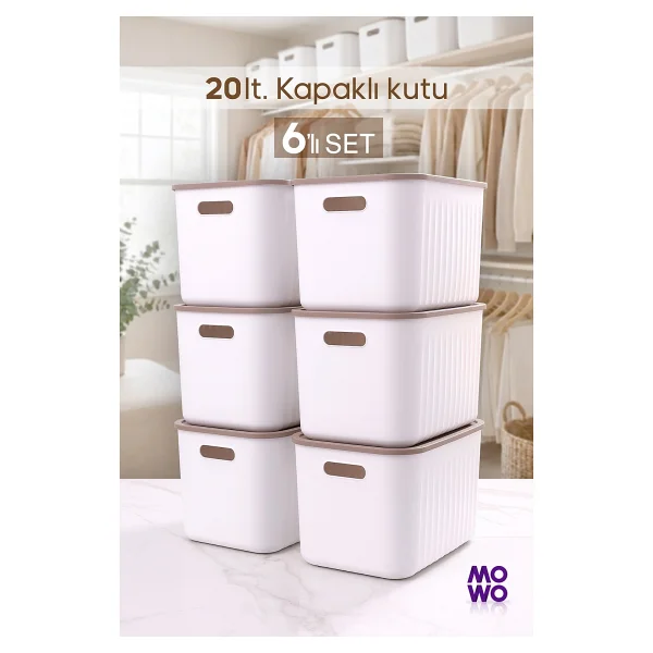 Mowo Home BigBox 20 Lt 6'lı Beyaz Dolap Düzenleyici Kapaklı Saklama Kutusu Sepet Organizer Oyuncak kutusu - Görsel 5