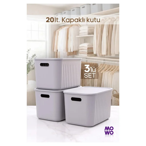 Mowo Home Gri Renk 20 Lt Çok Amaçlı Düzenleyici Kapaklı Kutu, Saklama Kutusu, Organizer, Storage, Sepet - Görsel 3