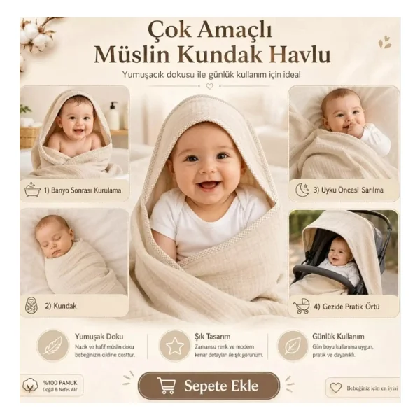 Ella Bonna %100 Pamuk Bebek Havlu Müslin Kundak Örtü 80X80CM Renk Seçenekli - Taş - Görsel 3