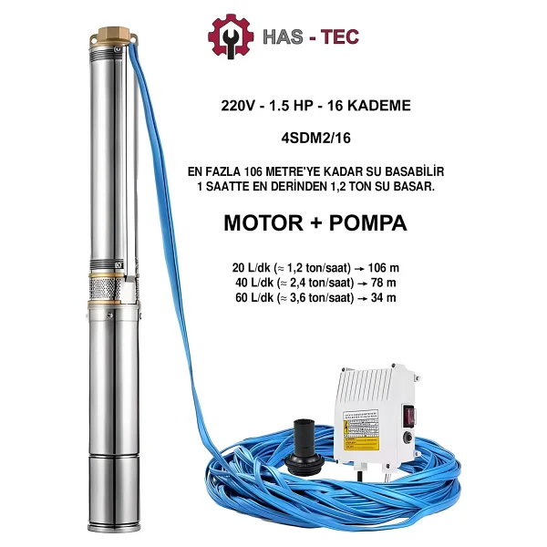 HAS-TEC 4SDM2/16 Derin Kuyu Dalgıç Pompa Seti 1.5 HP Monofaze Motor + Pompa + Kontrol Panosu Komple Set - Görsel 5