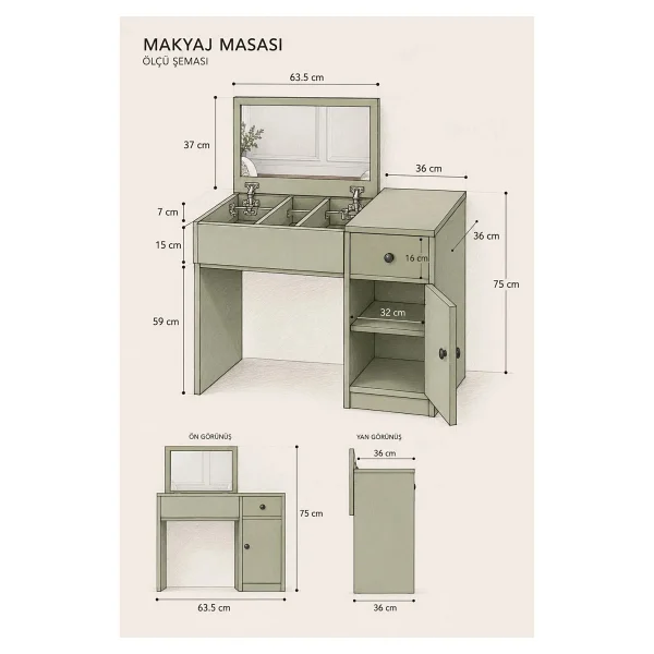 Misterium Liva Aynalı Makyaj Masası Çekmeceli ve Dolaplı - Beyaz - Görsel 5