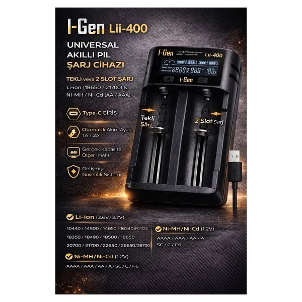 I-Gen LII-400 2'li Akıllı Li-Ion Pil Şarj Aleti - Görsel 2