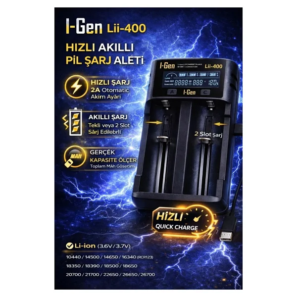 I-Gen LII-400 2'li Akıllı Li-Ion Pil Şarj Aleti - Görsel 3