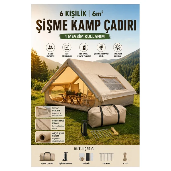 Penthouse 6 Kişilik 4 Mevsim Şişme Kamp Çadırı - Su Geçirmez Tek Kapılı Aile Kamp Çadırı 300X200 cm Baca Çıkışlı Premium Outdoor Çadır - Krem - Görsel 6