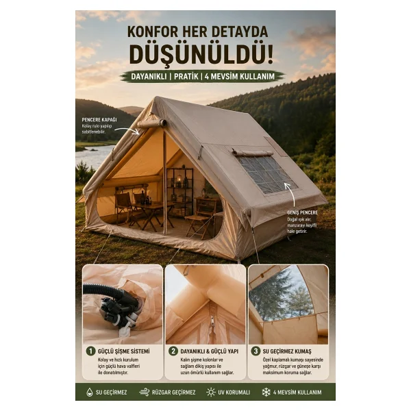 Penthouse 6 Kişilik 4 Mevsim Şişme Kamp Çadırı - Su Geçirmez Tek Kapılı Aile Kamp Çadırı 300X200 cm Baca Çıkışlı Premium Outdoor Çadır - Krem - Görsel 3