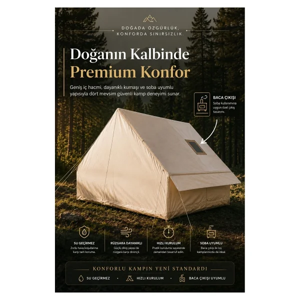 Penthouse 6 Kişilik 4 Mevsim Şişme Kamp Çadırı - Su Geçirmez Tek Kapılı Aile Kamp Çadırı 300X200 cm Baca Çıkışlı Premium Outdoor Çadır - Krem - Görsel 4
