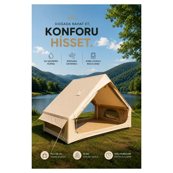Penthouse 6 Kişilik 4 Mevsim Şişme Kamp Çadırı - Su Geçirmez Tek Kapılı Aile Kamp Çadırı 300X200 cm Baca Çıkışlı Premium Outdoor Çadır - Krem - Görsel 5