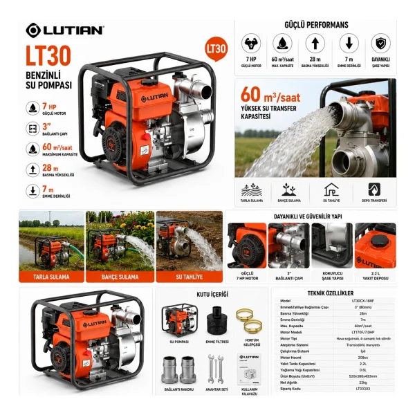 Lutian Lt30 Benzinli Su Motoru 3 İnç 7 Hp Su Pompası 60 Ton/Saat - Görsel 2