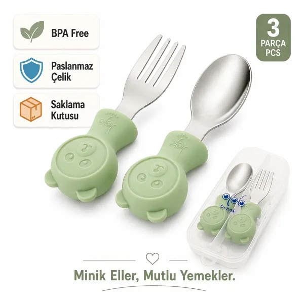 Jojobebek Ayıcık Figürlü Premium Çocuk Bpa'sız Silikon Saplı Paslanmaz Çelik Uçlu Çatal-Kaşık/saklama Kutusu 9+Ay - Mavi - Görsel 9