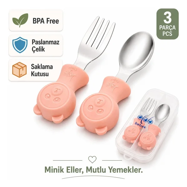 Jojobebek Ayıcık Figürlü Premium Çocuk Bpa'sız Silikon Saplı Paslanmaz Çelik Uçlu Çatal-Kaşık/saklama Kutusu 9+Ay - Mavi - Görsel 10