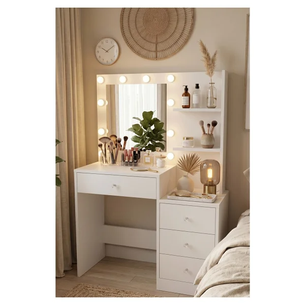 Robin Home Hollywood Makyaj Masası 4 Çekmeceli Düzenleyici Hollywood LED Işıklı Raflı Beyaz - Görsel 10